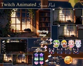 Cat Moonlight Animated Stream Package / Magical / Lofi / Cozy Room / Cute /Overlay / Twitch screen / Twitch Overlay / Aesthetic / Moon/Black