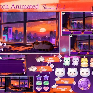 Puede incluir: Un paquete de transmisión animada de Twitch con un fondo de paisaje urbano al atardecer. El paquete incluye superposiciones, paneles y alertas animadas con un tema de gato. El texto incluye "Starting Soon", "Schedule", "New Donation", "New Follower", "Donate" y "About Me".