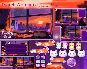 Cozy Cat Animated Stream Package / Magical / Lofi / Cozy Room / Cute /Overlay / Twitch screen / Twitch Overlay / Aesthetic / Moon / Sunset