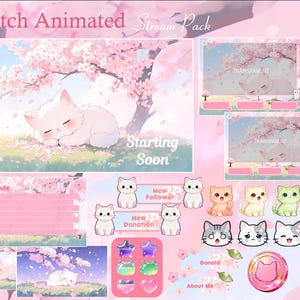 Può includere: Un pacchetto di stream animato di Twitch a tema rosa e bianco. Include un'illustrazione di un gatto bianco addormentato sotto un albero di fiori di ciliegio, con grafica per overlay, avvisi e pannelli di stream. Il testo include "Starting Soon".