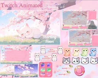 Cat Sakura Animated Stream Package, Floral Stream, Cute, Overlay, Cherry Blossoms, Twitch screen, Twitch Overlay, Aesthetic, Flower, Twitch