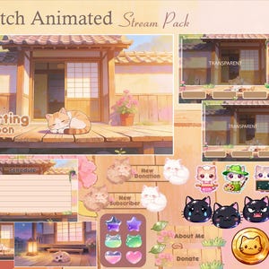 Op de afbeelding: Digitale stream pack met een Japans thema. Bevat geanimeerde overlays, panelen en emotes. Toont een slapende kat, een traditioneel huis en de tekst "Starting Soon". Bevat ook donatie- en abonneegrafieken.