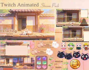 Cute Japanese Sleeping Cat Twitch Animated Stream Package | Cozy | Aesthetic | Streaming Asset | Twitch Overlay | Screen | Badges | Panels