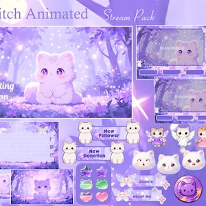 May include: A Twitch animated stream pack with a purple and white theme. The pack includes a "Starting Soon" screen, overlay screens, and various animated graphics featuring a cute white cat. Additional graphics include donation and follower alerts.
