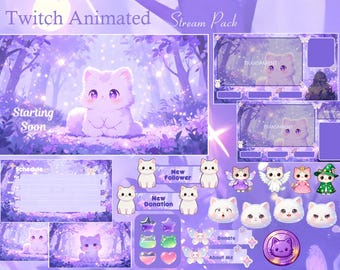 Cute Cat Magical Forest Stream Package / Starry / Purple / Cute / Overlay / Twitch screen / Twitch Overlay / Lavenders Aesthetic / Cozy