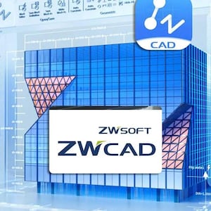 Op de afbeelding: Een digitale weergave van een modern architectonisch ontwerp, overlegd met software-interface-elementen. De afbeelding toont een blauw gebouw met een driehoekig ontwerp, een CAD-pictogram en het ZWSOFT ZWCAD-logo.