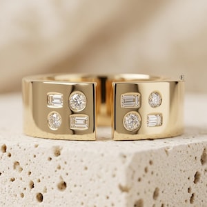 Alliance unique réglable avec manchette ouverte, bague multiforme avec diamants cultivés en laboratoire, anneau vintage affleurant, anneau de mariage empilable cigare en or 14 carats