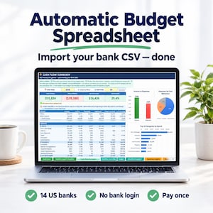 May include: A laptop screen displaying an Automatic Budget Spreadsheet with a Cash Flow Summary dashboard. The interface includes tables, bar charts, and pie charts for financial tracking. Text includes 14 US banks, No bank login, and Pay once.