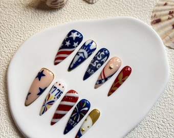4th of July Press On Nails/Patriotic Red White Blue Stiletto Nails/USA Flag Fireworks Star Fake Nails/Summer Holiday Nails