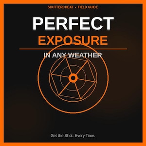 以下が含まれることがあります： オレンジと黒のグラフィックで、「PERFECT EXPOSURE」と「IN ANY WEATHER」の文字が書かれています。画像には幾何学的なデザインと「SHUTTERCHEAT FIELD GUIDE」と「Get the Shot. Every Time.」の文字が含まれています。