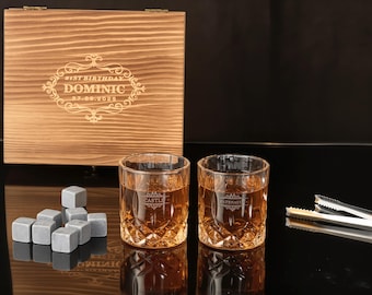 Personalized Whiskey Glass Set with Whiskey Stones and Wooden Box, Custom Whiskey Gift For Men, Groomsmen Gift, Christmas Gift for Dad