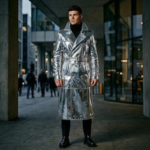 Könnte beinhalten: Ein silberner metallischer Trenchcoat mit einem Gürtel in der Taille und einem klassischen doppelreihigen Design. Der Mantel hat ein glänzendes Finish und wird mit schwarzer Hose und Stiefeln getragen. Der Hintergrund zeigt eine moderne urbane Umgebung.