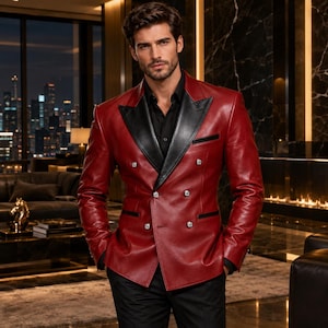 Men's Red Leather Blazer | Double Breasted Black Lapel Tuxedo | Luxury European Party Coat