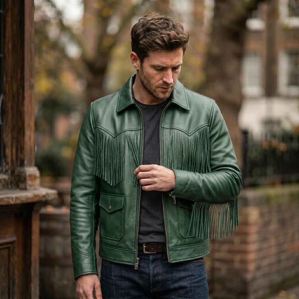 Green Leather Fringe Jacket - Etsy display picture 3