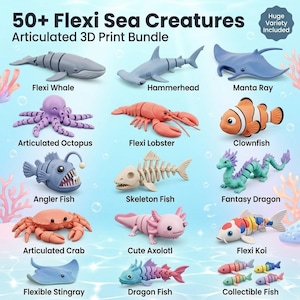 Könnte beinhalten: Eine Sammlung von 3D-gedruckten, beweglichen Meereskreaturen, darunter ein Wal, Hammerhai, Mantarochen, Oktopus, Hummer, Clownfisch, Anglerfisch, Skelettfisch, Drache, Krabbe, Axolotl, Koi, Stachelrochen und Sammlerfische. Der Text lautet "50+ Flexi Sea Creatures Articulated 3D Print Bundle."