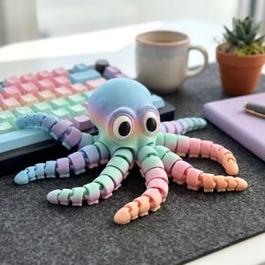 Könnte beinhalten: Eine mehrfarbige, bewegliche Oktopus-Figur mit einem Farbverlauf in Pastellrosa, Blau und Gelb. Der Oktopus hat große, runde, weiße Augen mit schwarzen Pupillen und ein segmentiertes, flexibles Körperdesign, das Bewegungen ermöglicht.