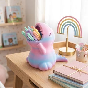 Könnte beinhalten: Ein pastellfarbener Schreibtisch-Organizer in Dinosaurierform mit einem Batikmuster in Pink, Blau und Violett. Der Dinosaurier hat ein offenes Maul, das mit verschiedenen pastellfarbenen Stiften gefüllt ist. Er steht neben einer kleinen Regenbogenfigur.