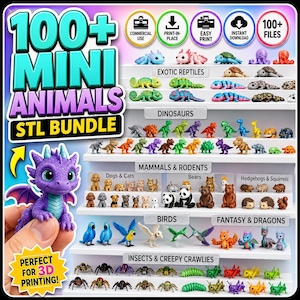 Bundel met meer dan 100 mini-dieren in STL-formaat | Direct printbare, beweegbare 3D-printbestanden | Leuke flexibele dierencollectie | Direct digitaal te downloaden