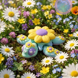 Könnte beinhalten: Eine hellblaue Schildkrötenfigur mit einer großen gelben und violetten Blume auf dem Panzer, verziert mit kleinen gelben und violetten Blumenakzenten an Kopf und Flossen, umgeben von einem Feld aus weißen, gelben und violetten Wildblumen.