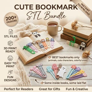 Pode incluir: Uma coleção de marcadores coloridos em forma de animais, incluindo um panda e um dinossauro, exibidos com livros abertos e uma chávena de chá. A imagem apresenta o texto "CUTE BOOKMARK STL Bundle" e "200+ DESIGNS".