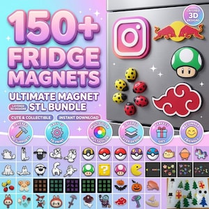 Op de afbeelding: Een verzameling van meer dan 150 koelkastmagneten met diverse ontwerpen, waaronder een Instagram-logo, lieveheersbeestjes, een paddenstoel en een rode wolk. De afbeelding bevat ook de tekst "Fridge Magnets" en "Ultimate Magnet STL Bundle".