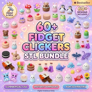 Op de afbeelding: Een digitale collectie van 60+ fidget clicker STL-bestanden voor 3D-printen, met diverse miniatuurfiguren, dieren, etenswaren en toverdrankflesjes met schattige gezichtjes op een pastelpaarse achtergrond met sterren.