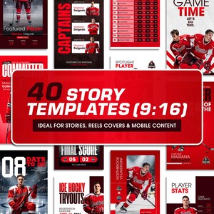 K&ouml;nnte beinhalten: Eine Sammlung von 40 digitalen Story-Vorlagen in Rot und Wei&szlig; im 9:16-Format, mit Eishockey-Bildern, Spielerstatistiken, Spielpl&auml;nen und Countdown-Grafiken, inklusive des Textes 40 STORY TEMPLATES (9:16).