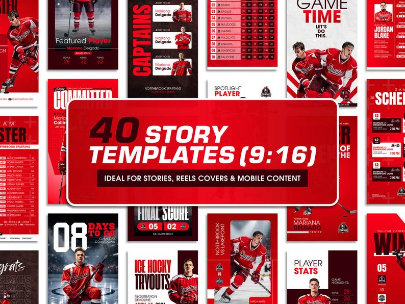 K&ouml;nnte beinhalten: Eine Sammlung von 40 digitalen Story-Vorlagen in Rot und Wei&szlig; im 9:16-Format, mit Eishockey-Bildern, Spielerstatistiken, Spielpl&auml;nen und Countdown-Grafiken, inklusive des Textes 40 STORY TEMPLATES (9:16).
