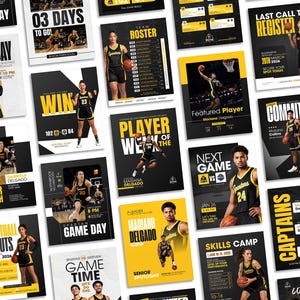 Puede incluir: Una colección de carteles promocionales de baloncesto en negro, amarillo y blanco. Los carteles presentan jugadores, horarios de partidos, información de prueba y el texto "GAME DAY", "TRYOUTS" y "NEXT GAME."