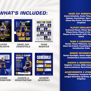 K&ouml;nnte beinhalten: Grafik mit Informationen zum Volleyballteam, einschlie&szlig;lich Spieler-Highlights, Spieltags-Essentials und Team-Aufstellung. Das Design zeigt blaue und gelbe Farben mit Texten wie "Committed" und "Skills Camp."