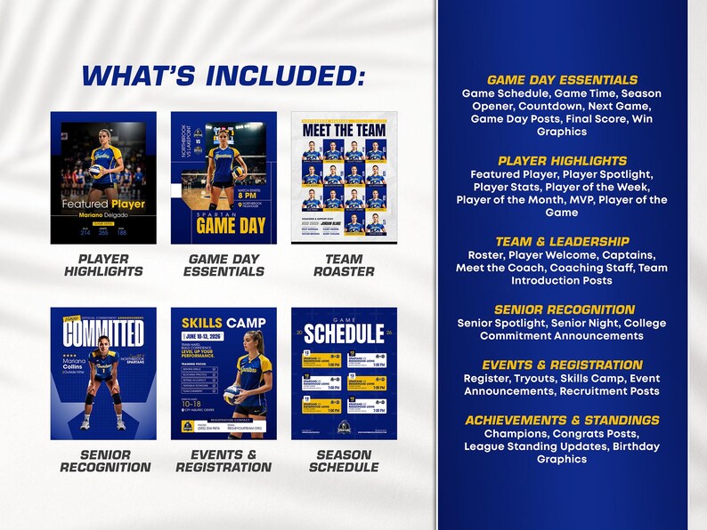 K&ouml;nnte beinhalten: Grafik mit Informationen zum Volleyballteam, einschlie&szlig;lich Spieler-Highlights, Spieltags-Essentials und Team-Aufstellung. Das Design zeigt blaue und gelbe Farben mit Texten wie "Committed" und "Skills Camp."