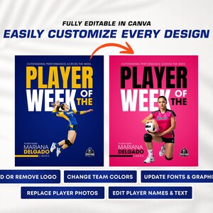 K&ouml;nnte beinhalten: Zwei Volleyballspieler-Poster mit dem Text "PLAYER OF THE WEEK". Ein Poster ist blau mit einer Spielerin in Aktion, das andere ist rosa mit einer Spielerin, die einen Volleyball h&auml;lt. Text enth&auml;lt "FULLY EDITABLE IN CANVA".