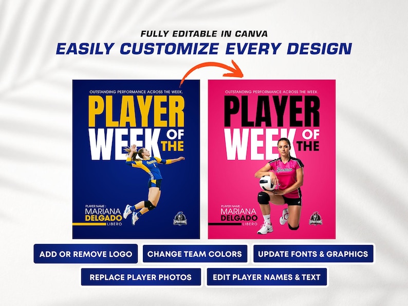 K&ouml;nnte beinhalten: Zwei Volleyballspieler-Poster mit dem Text "PLAYER OF THE WEEK". Ein Poster ist blau mit einer Spielerin in Aktion, das andere ist rosa mit einer Spielerin, die einen Volleyball h&auml;lt. Text enth&auml;lt "FULLY EDITABLE IN CANVA".