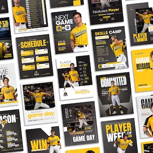May include: A collection of promotional posters for a baseball team, featuring players in yellow and black uniforms. The posters include game schedules, player stats, and player spotlights. The text includes "Spartans", "Game Day", and player names.