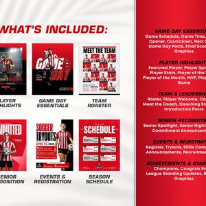 May include: A graphic with a red and white soccer theme, featuring images and text. The text includes "What's Included," "Player Highlights," "Game Day Essentials," "Team Roster," "Senior Recognition," "Events & Registration," and "Season Schedule."