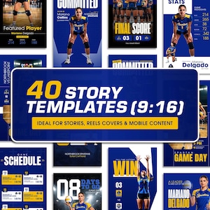 K&ouml;nnte beinhalten: Eine Sammlung von 40 Story-Vorlagen im 9:16-Format, die f&uuml;r Stories, Reels, Cover und mobile Inhalte geeignet sind. Die Vorlagen verwenden ein blaues und goldenes Farbschema mit Volleyball-Grafiken und Text. Das Bild enth&auml;lt Spieltagsgrafiken, Spielerstatistiken und Teaminformationen.