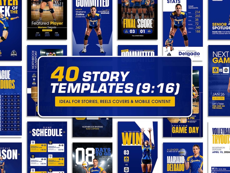 K&ouml;nnte beinhalten: Eine Sammlung von 40 Story-Vorlagen im 9:16-Format, die f&uuml;r Stories, Reels, Cover und mobile Inhalte geeignet sind. Die Vorlagen verwenden ein blaues und goldenes Farbschema mit Volleyball-Grafiken und Text. Das Bild enth&auml;lt Spieltagsgrafiken, Spielerstatistiken und Teaminformationen.