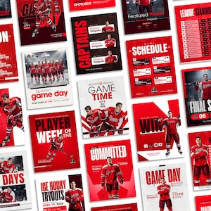 K&ouml;nnte beinhalten: Eine Sammlung von rot-wei&szlig;en Grafikpostern mit Eishockeyspielern in roten Trikots. Die Designs enthalten Texte wie Season Schedule, Game Day, Final Score, Team Roster und Player of the Week und zeigen verschiedene Spielstatistiken.