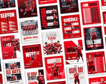 Pacchetto di elementi grafici per Canva a tema hockey / Modelli Canva modificabili / Calendario della squadra, statistiche dei giocatori e post per il giorno della partita