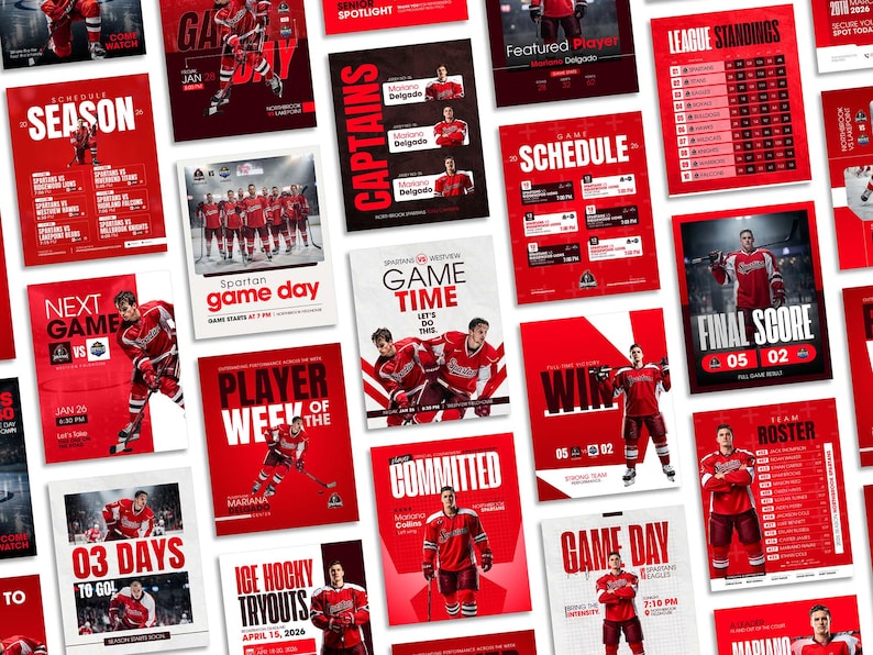 K&ouml;nnte beinhalten: Eine Sammlung von rot-wei&szlig;en Grafikpostern mit Eishockeyspielern in roten Trikots. Die Designs enthalten Texte wie Season Schedule, Game Day, Final Score, Team Roster und Player of the Week und zeigen verschiedene Spielstatistiken.