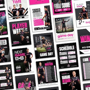 Puede incluir: Una colección de folletos deportivos digitales con jugadores de fútbol en uniformes negros con detalles en rosa. Los gráficos incluyen texto como Player of the Week, Game Schedule, League Standings y Team Roster, mostrando varios anuncios de días de partido.