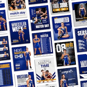 May include: A collection of blue and white wrestling-themed digital flyers and posters featuring athletes in singlets, match schedules, team rosters, and event announcements with bold typography and athletic imagery for a sports organization.