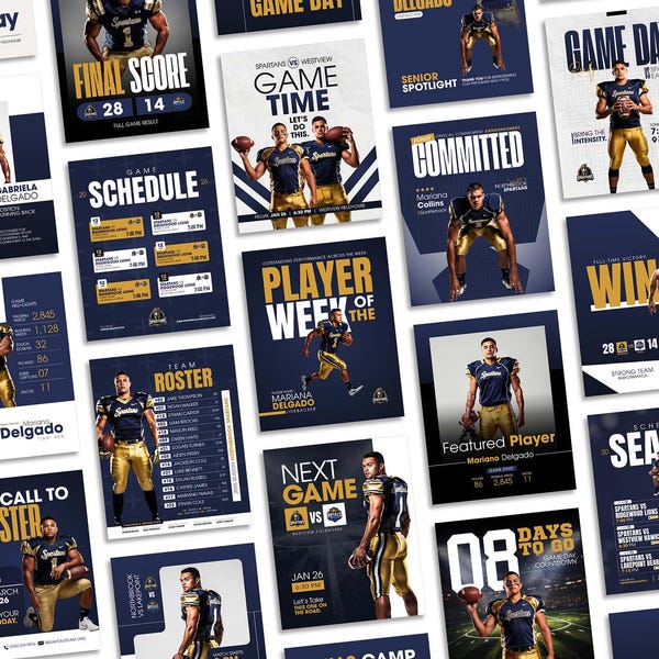 Football Canva Templates | Sports Social Media Bundle | Game Day, Team Roster & Schedule Templates | Editable Instagram Graphics