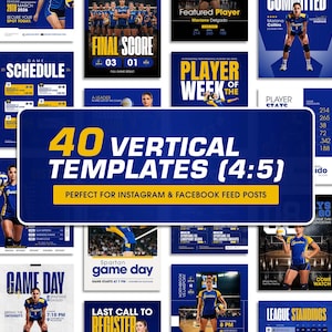 K&ouml;nnte beinhalten: Eine Sammlung von 40 vertikalen Volleyball-Vorlagen (4:5) f&uuml;r Instagram- und Facebook-Feed-Posts. Die Vorlagen haben ein blau-gelbes Farbschema und enthalten Texte wie "Game Day", "Player of the Week" und "Final Score".