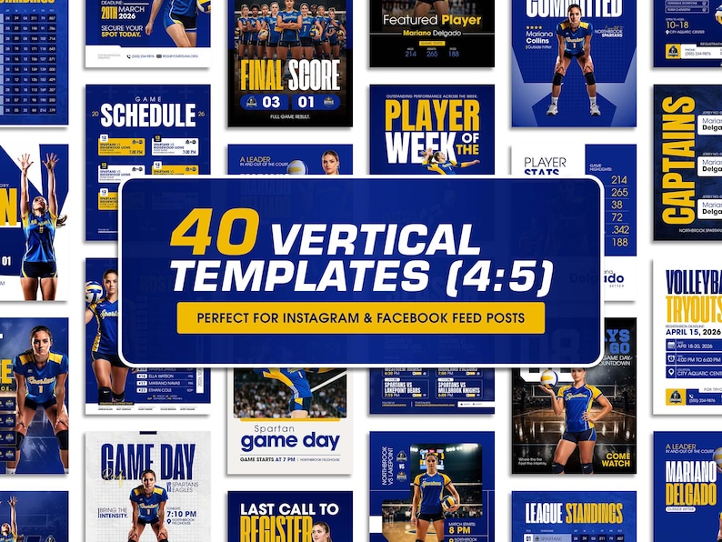 K&ouml;nnte beinhalten: Eine Sammlung von 40 vertikalen Volleyball-Vorlagen (4:5) f&uuml;r Instagram- und Facebook-Feed-Posts. Die Vorlagen haben ein blau-gelbes Farbschema und enthalten Texte wie "Game Day", "Player of the Week" und "Final Score".