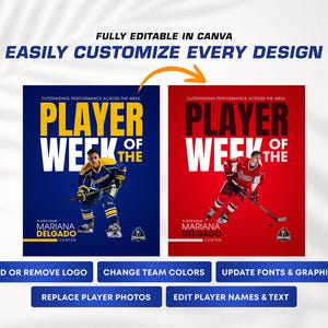 Pu&ograve; includere: Due modelli digitali modificabili per un poster sportivo Giocatore della Settimana. Uno presenta uno sfondo blu con un giocatore di hockey, l'altro uno sfondo rosso con un giocatore di hockey. Entrambi includono il testo Player of the Week e Mariana Delgado.
