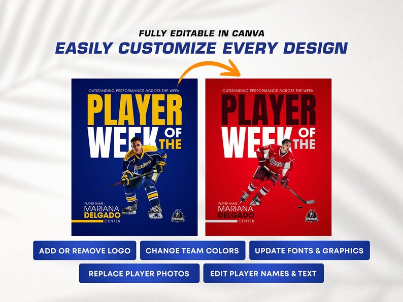 Pu&ograve; includere: Due modelli digitali modificabili per un poster sportivo Giocatore della Settimana. Uno presenta uno sfondo blu con un giocatore di hockey, l'altro uno sfondo rosso con un giocatore di hockey. Entrambi includono il testo Player of the Week e Mariana Delgado.