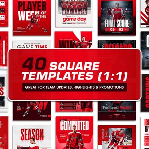 K&ouml;nnte beinhalten: Eine Sammlung von 40 quadratischen Social-Media-Vorlagen mit rot-schwarzen Hockey-Grafiken. Der zentrale Text lautet 40 SQUARE TEMPLATES (1:1) GREAT FOR TEAM UPDATES, HIGHLIGHTS & PROMOTIONS, umgeben von verschiedenen Bildern von Hockeyspielern.