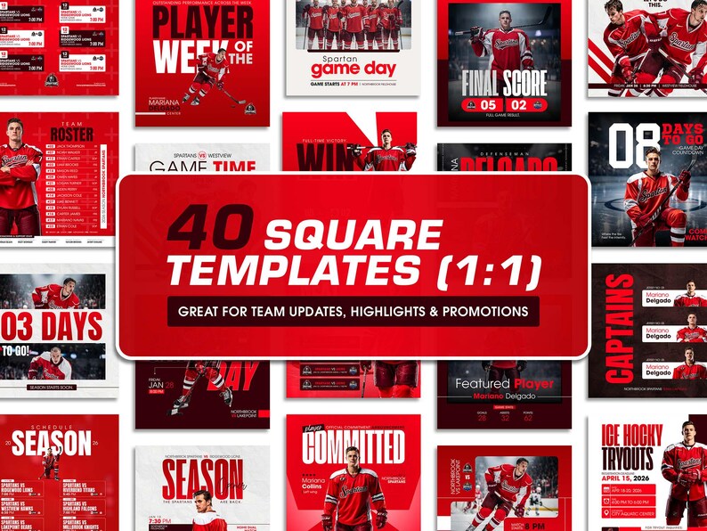 K&ouml;nnte beinhalten: Eine Sammlung von 40 quadratischen Social-Media-Vorlagen mit rot-schwarzen Hockey-Grafiken. Der zentrale Text lautet 40 SQUARE TEMPLATES (1:1) GREAT FOR TEAM UPDATES, HIGHLIGHTS & PROMOTIONS, umgeben von verschiedenen Bildern von Hockeyspielern.