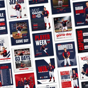Puede incluir: Una colección de folletos digitales y gráficos para redes sociales con temática de béisbol, que muestran jugadores con uniformes rojos y azul marino, calendarios de juegos, plantillas y anuncios de eventos con tipografía.